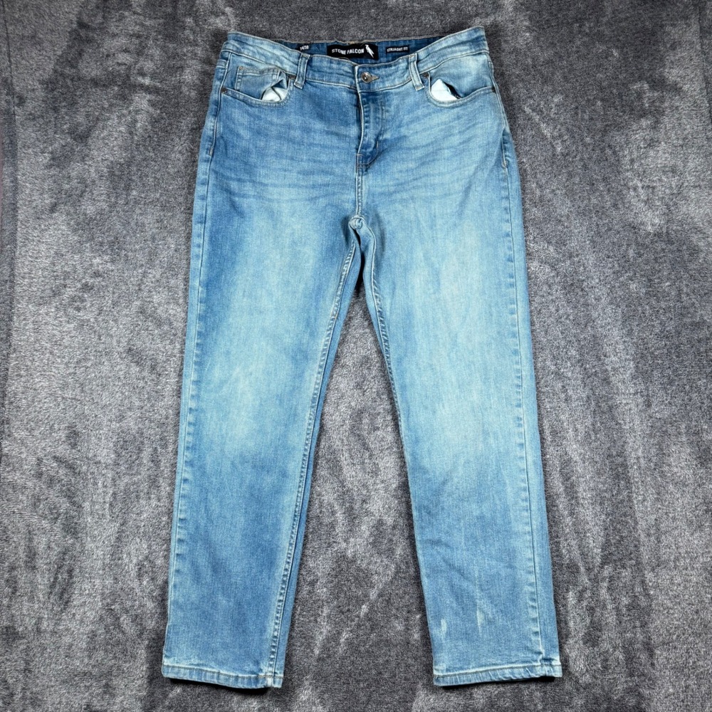 Stone Falcon Mens Straight Fit Jeans Blue Stretch Denim 34x30 Medium Wash
